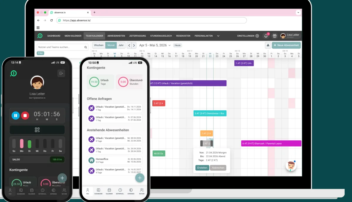 absence.io team calendar in the browser with vacation, business trip and parental leave, next to the app with time tracking and vacation balance