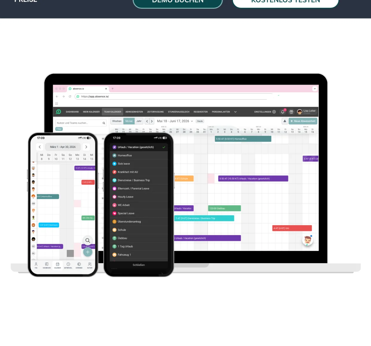 absence.io on laptop and phone with the team absence calendar and time tracking in the app