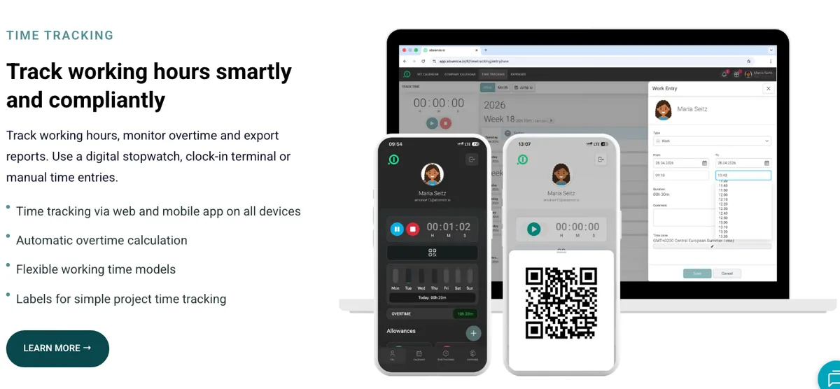 absence.io time tracking: stopwatch in the app, weekly overview in the browser