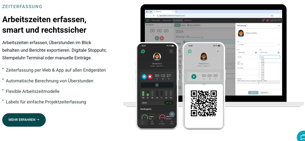 absence.io Zeiterfassung: Stoppuhr in der App, Wochenübersicht im Browser