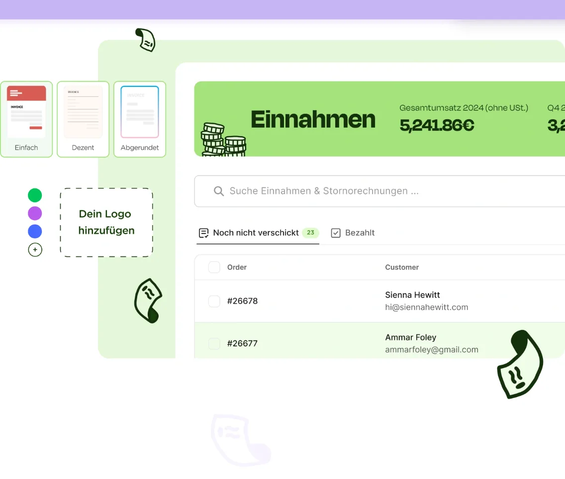 Accountable-Einnahmenübersicht mit Gesamtumsatz, Rechnungsliste mit Status „Noch nicht verschickt” und „Bezahlt” sowie Logo-Upload