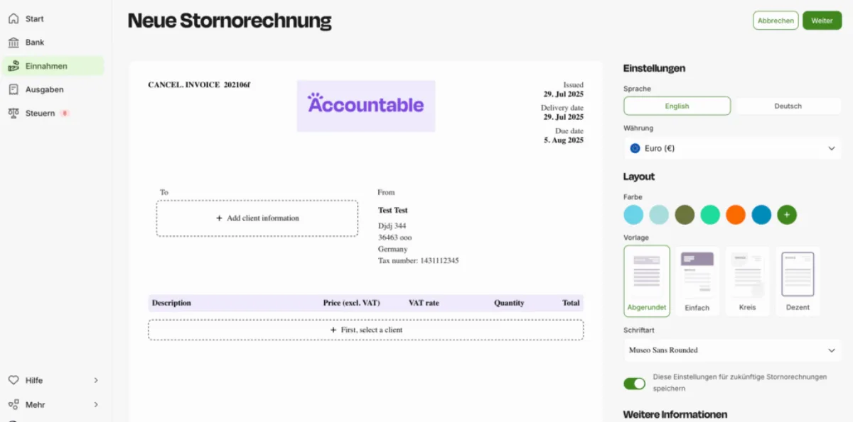 Accountable invoice editor with English/German language toggle