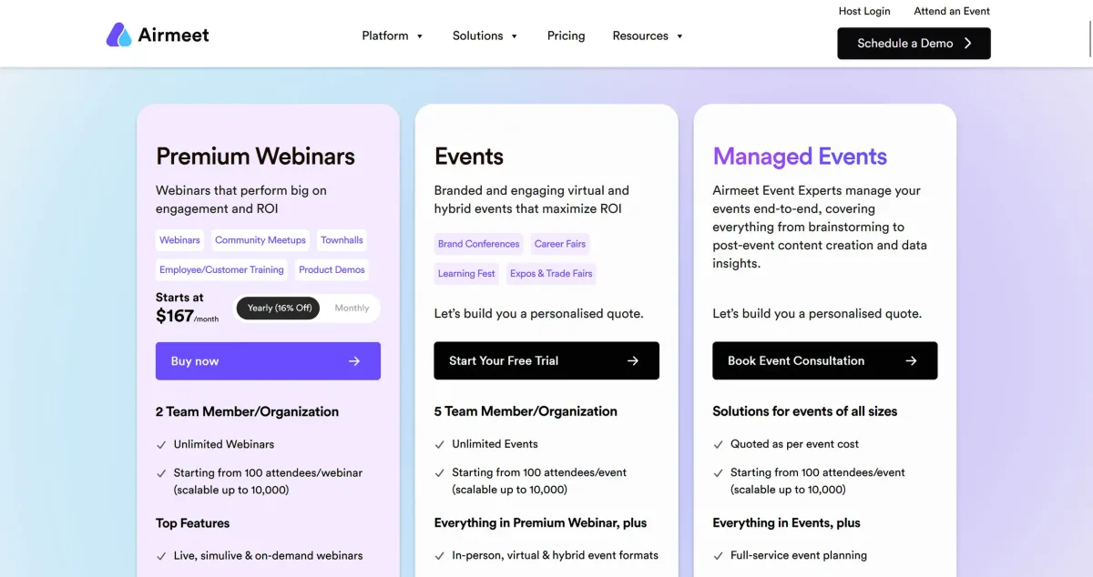   Airmeet subscription pricing overview. (Excerpt from    airmeet.com   )  