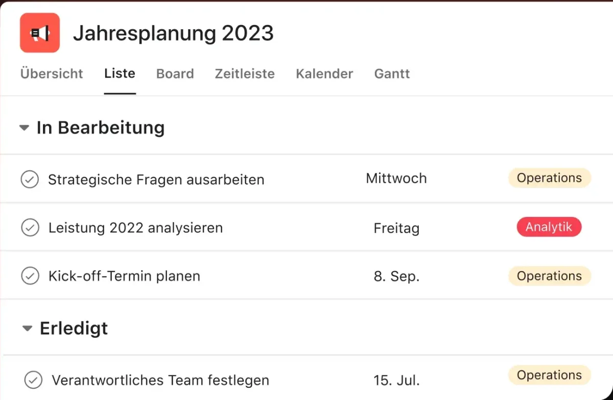 Asana list view of a project with sections, due dates and tags