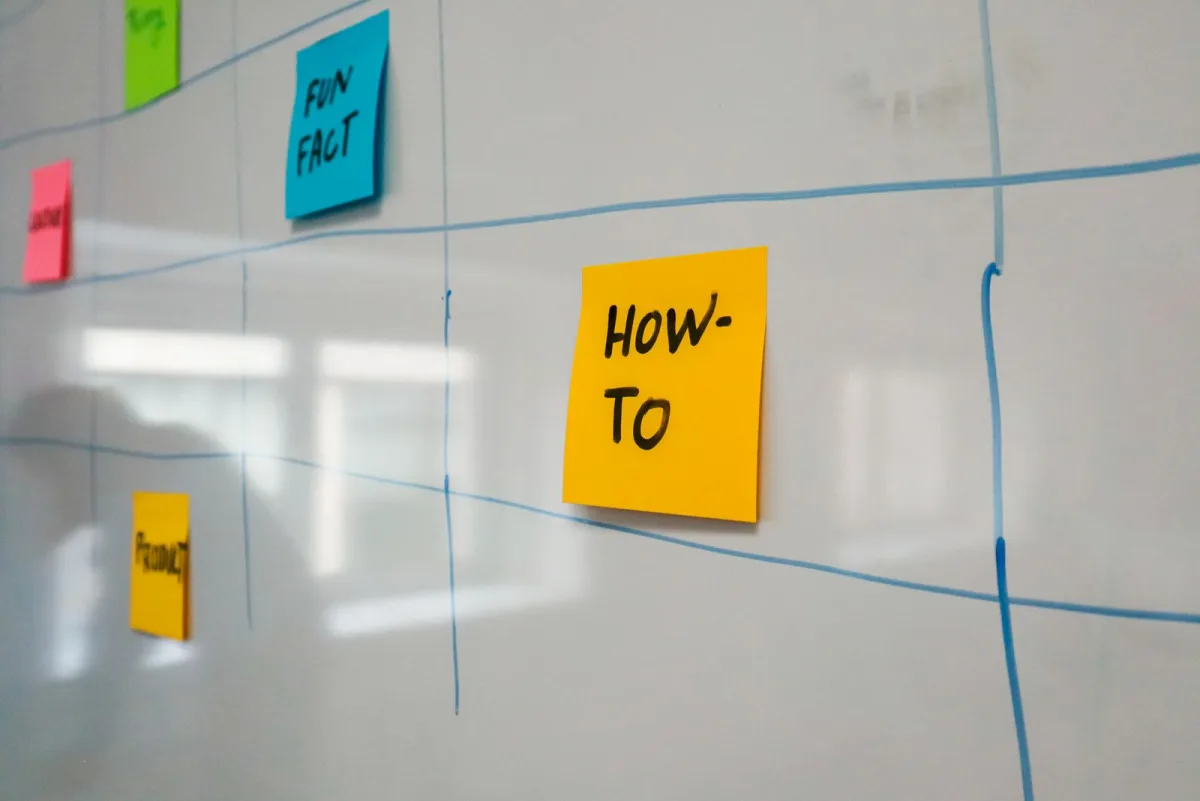 Projektboard mit bunten Haftnotizen auf einem Whiteboard-Raster