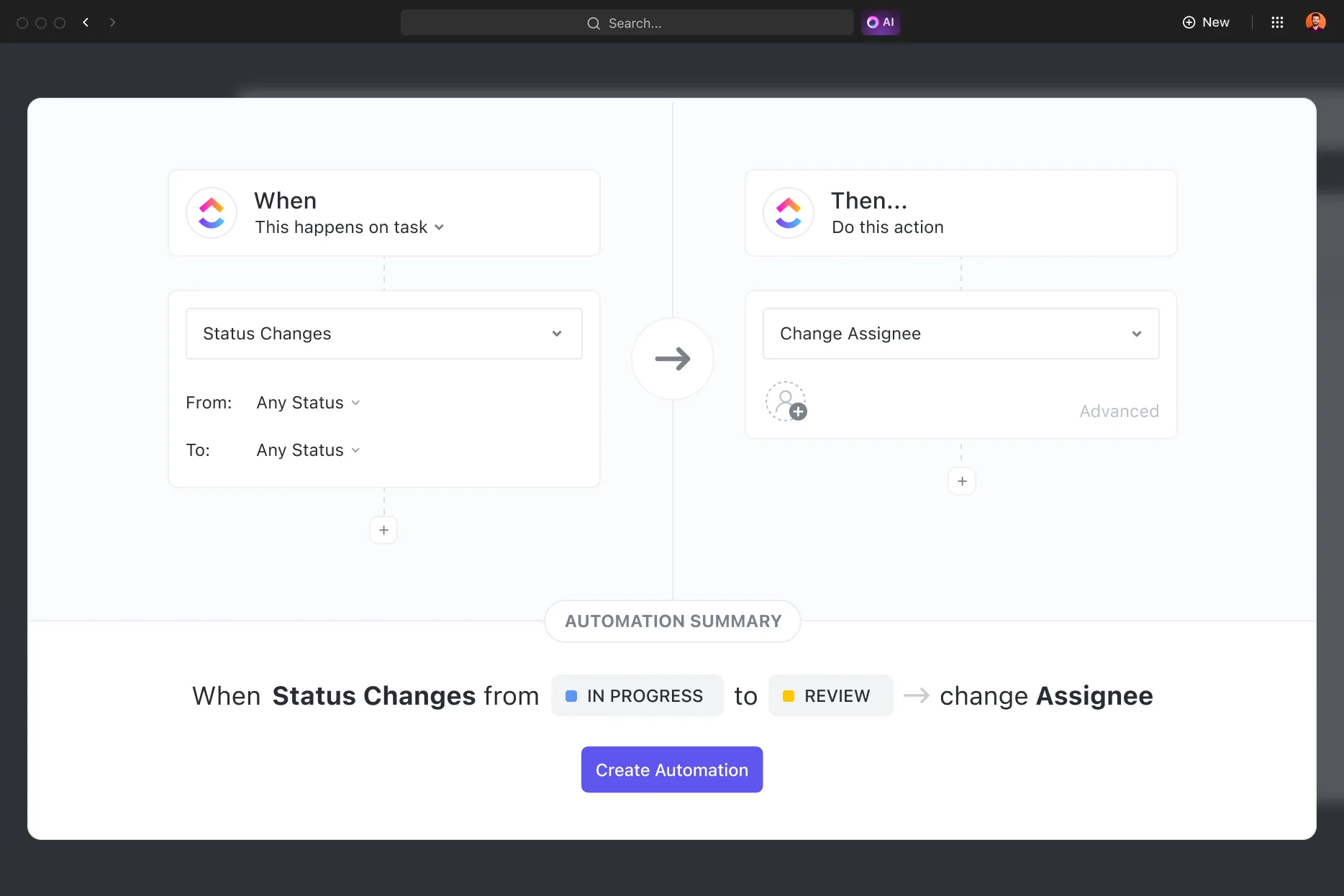 Workflows lassen einfach automatisieren – z. B. durch automatische Änderungen von Verantwortlichkeiten bei Statuswechseln (Gestellt von ClickUp.com ) Workflows lassen einfach automatisieren – z. B. durch automatische Änderungen von Verantwortlichkeiten bei Statuswechseln (Gestellt von ClickUp.com )