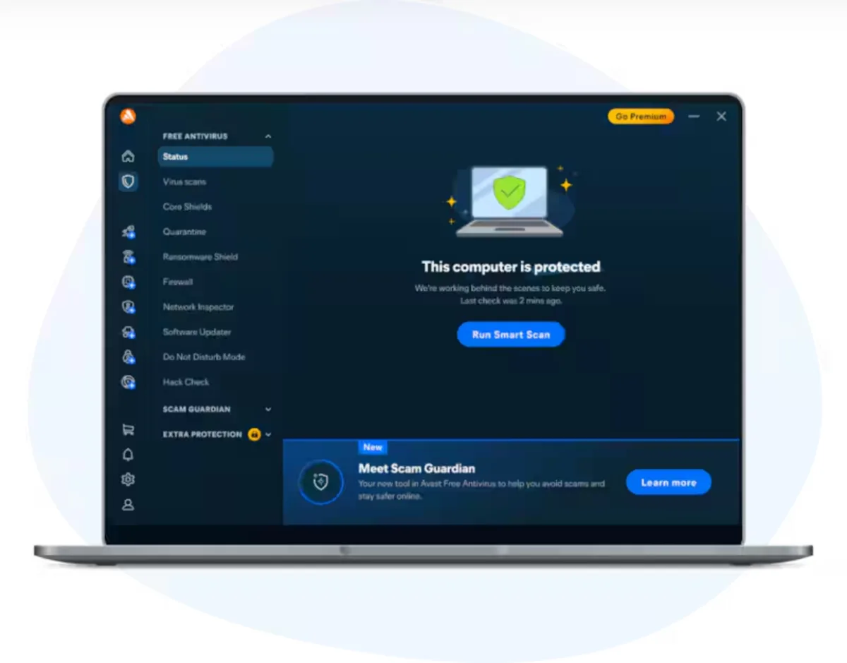 Avast Free Antivirus unter Windows mit Status-Ansicht, Smart Scan und den Modulen von Ransomware-Schutz über Firewall bis Network Inspector