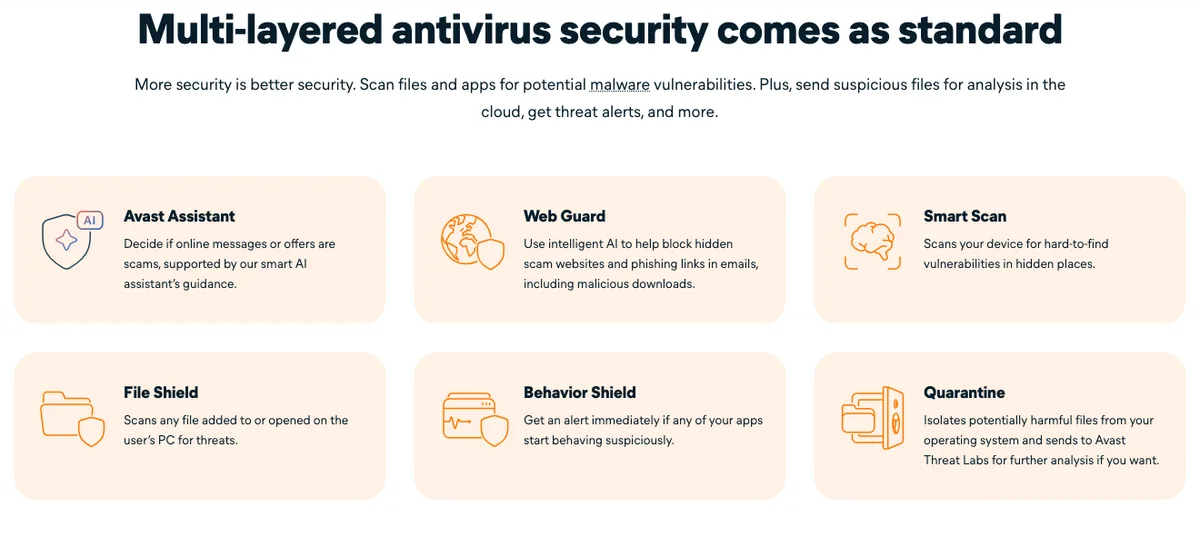 Avast One: protection layers listed on the free download page