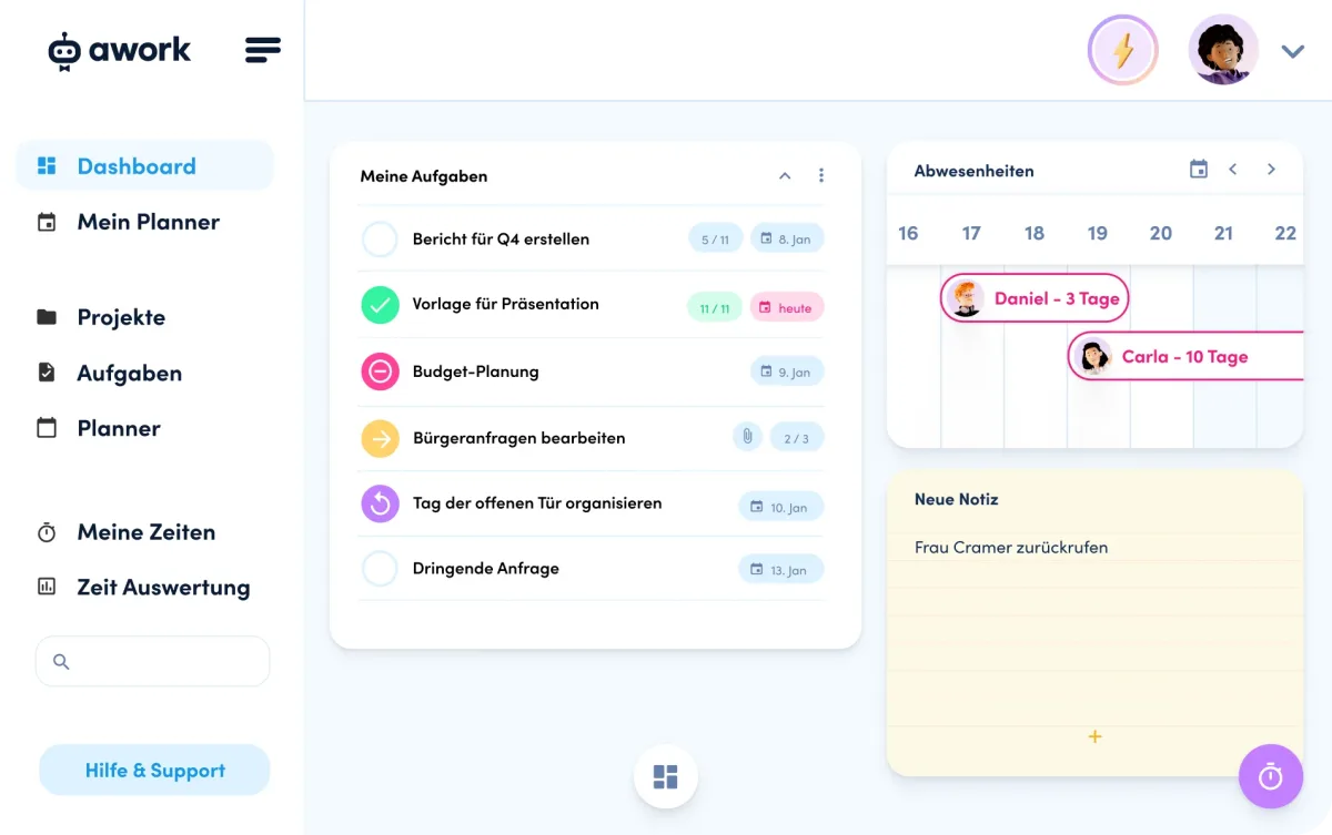 awork Dashboard mit Aufgabenliste, Abwesenheiten und Notizen