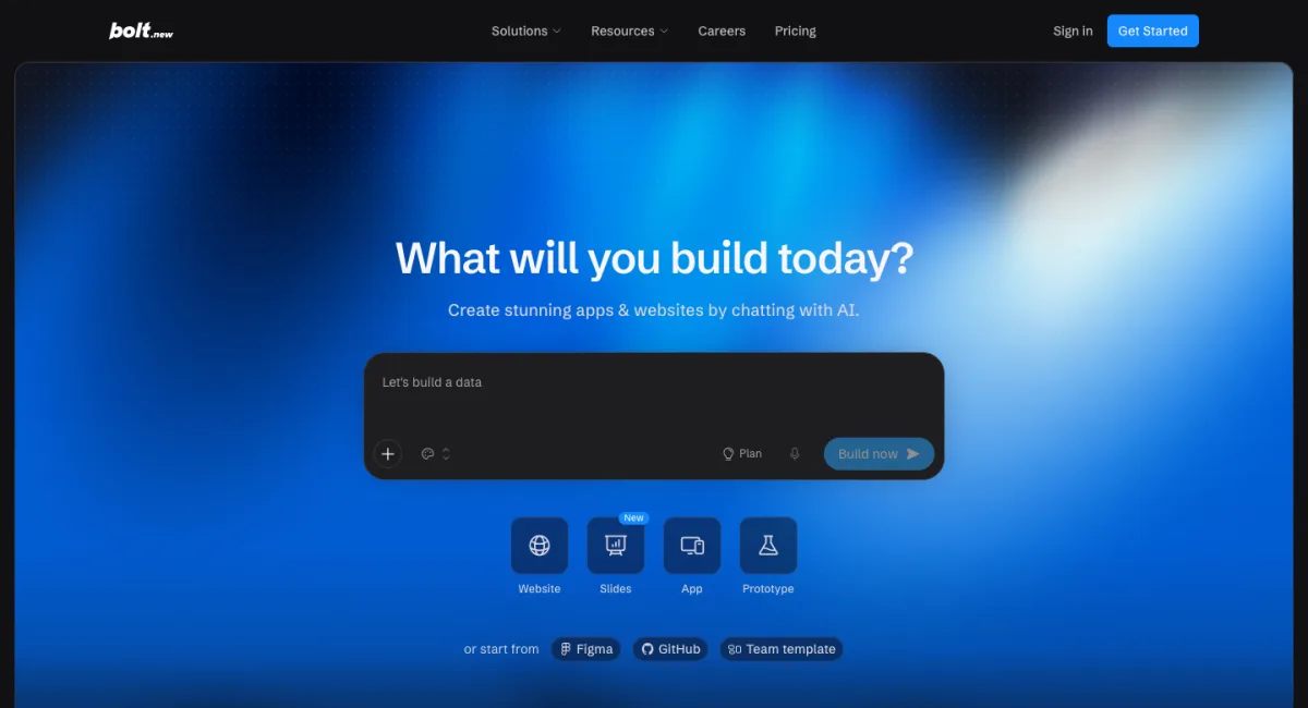 Startseite von Bolt.new mit Eingabefeld und Startoptionen für Website, App, Prototyp, Figma und GitHub