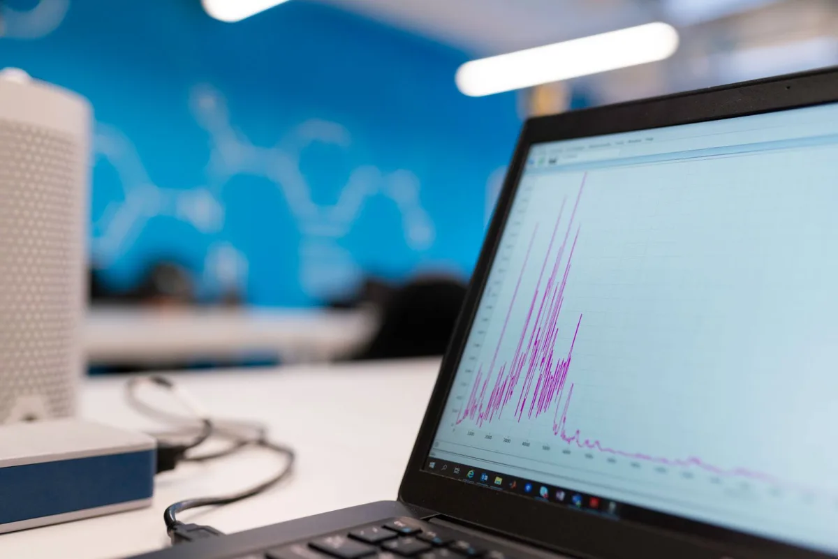 Laptop screen showing performance graphs and pipeline data