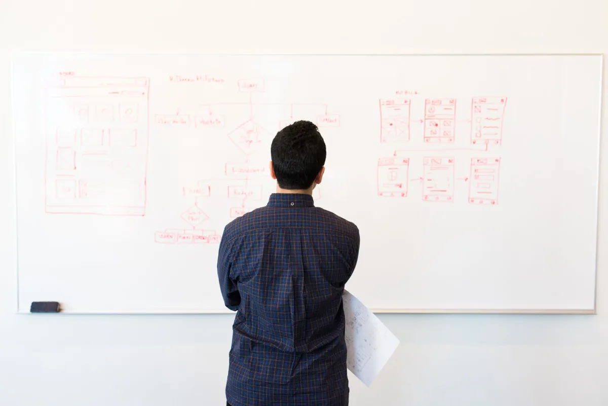 Man analyzing a flowchart on a whiteboard in an office