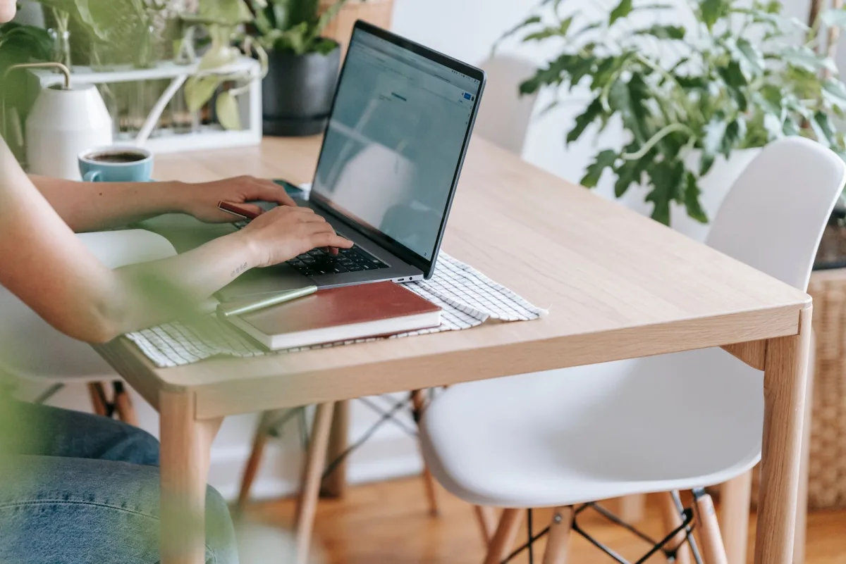 Freelancerin arbeitet am Laptop im Homeoffice mit Zimmerpflanzen