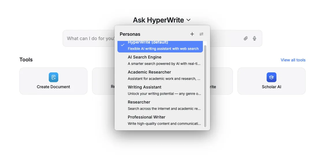   Selection of different writing personas. (Excerpt from HyperWrite)  