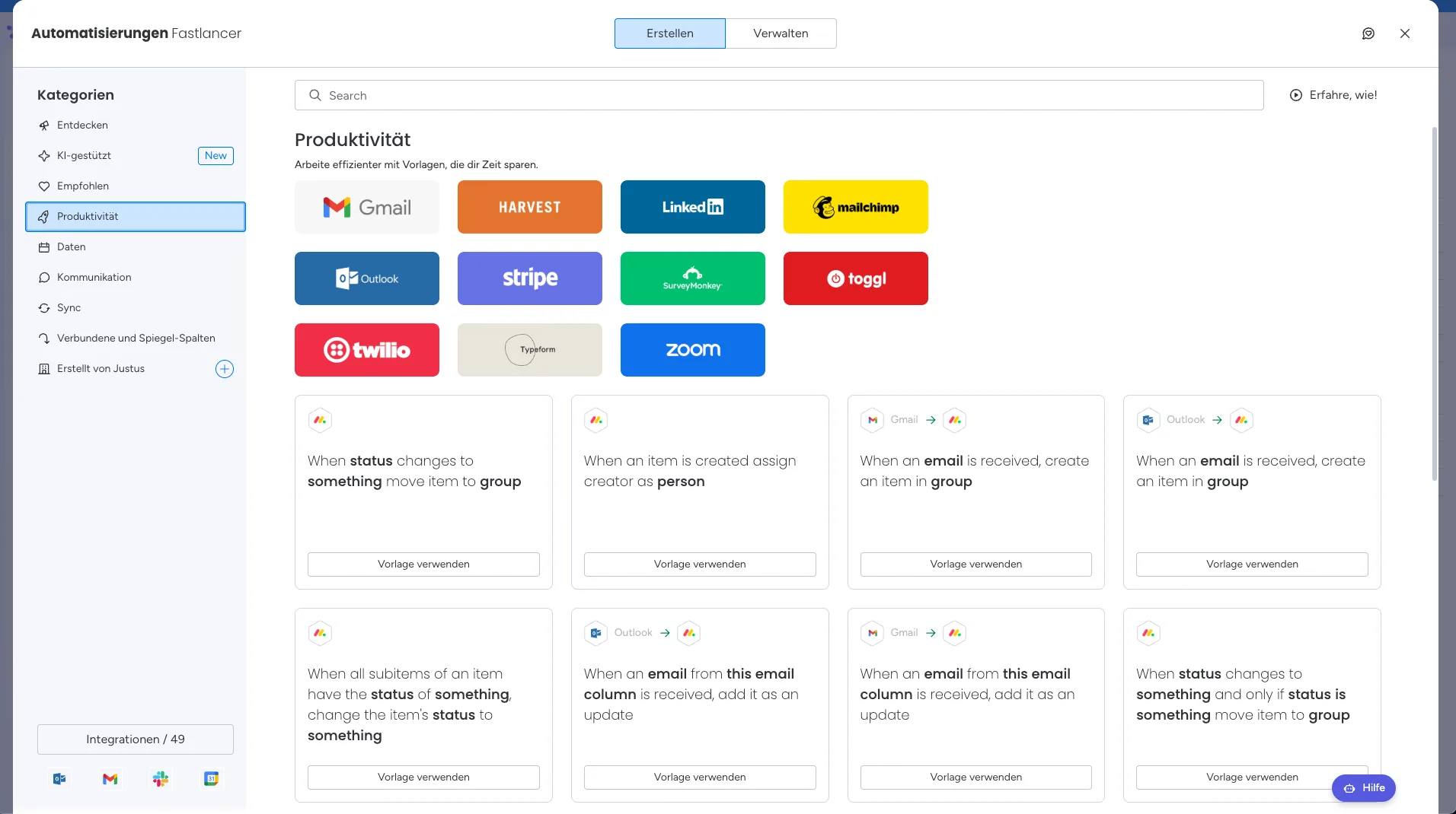   Overview of automations and integrations with tools like Gmail, Zoom, and Harvest. (Own screenshot from    monday.com   )  