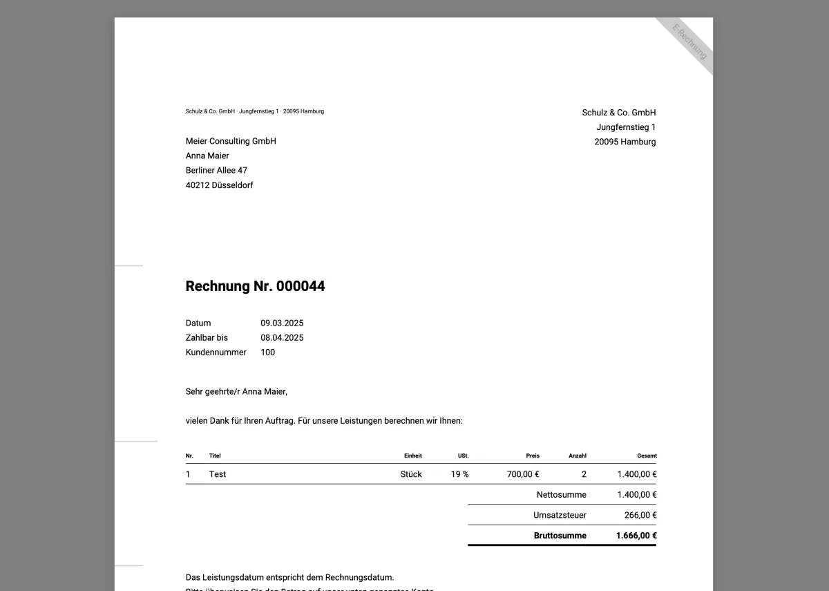 Fertige BillingEngine-Rechnung als PDF mit E-Rechnungs-Kennzeichnung