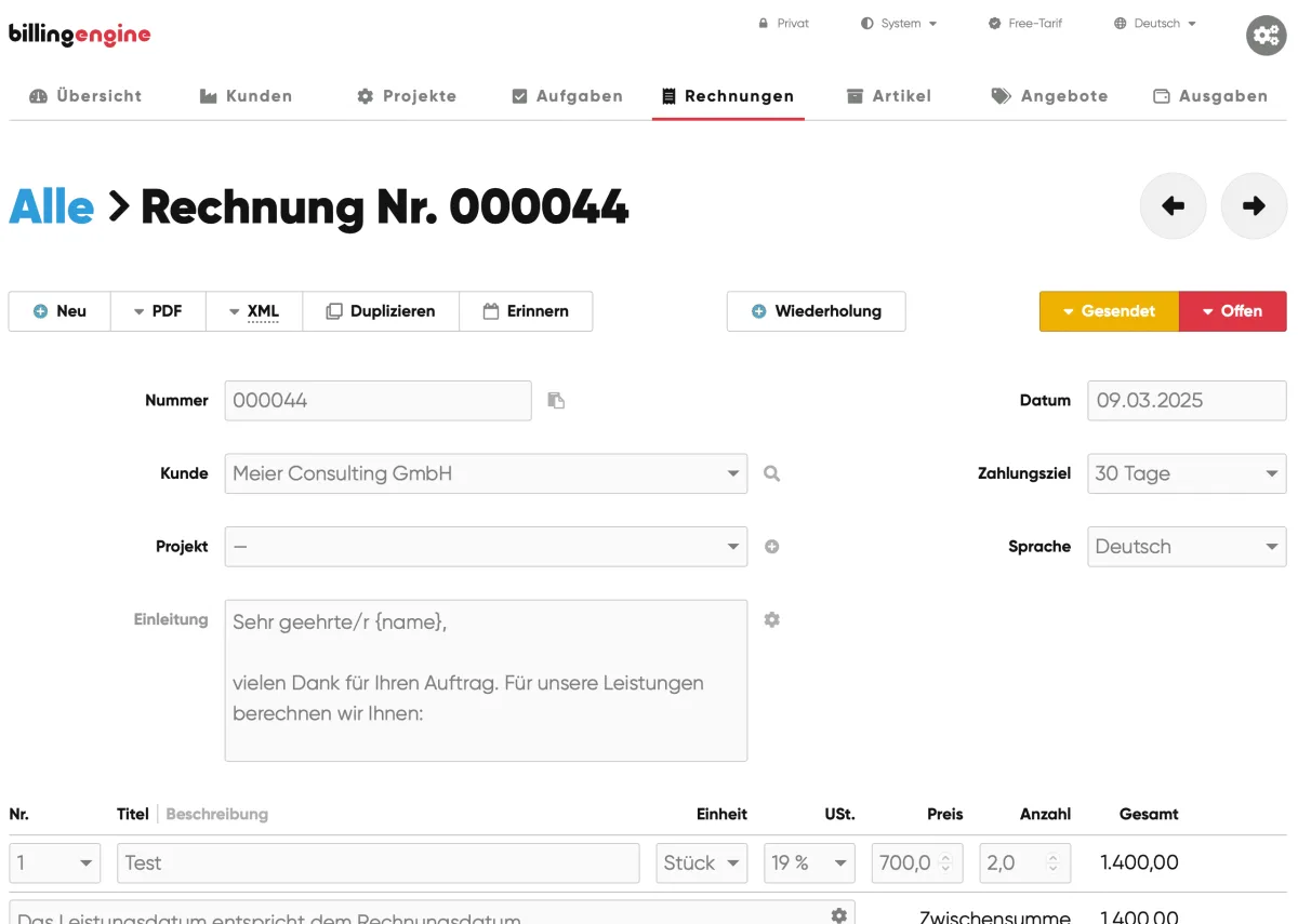 BillingEngine Rechnungseditor mit XML-Export, Wiederholung und Erinnerungs-Funktion