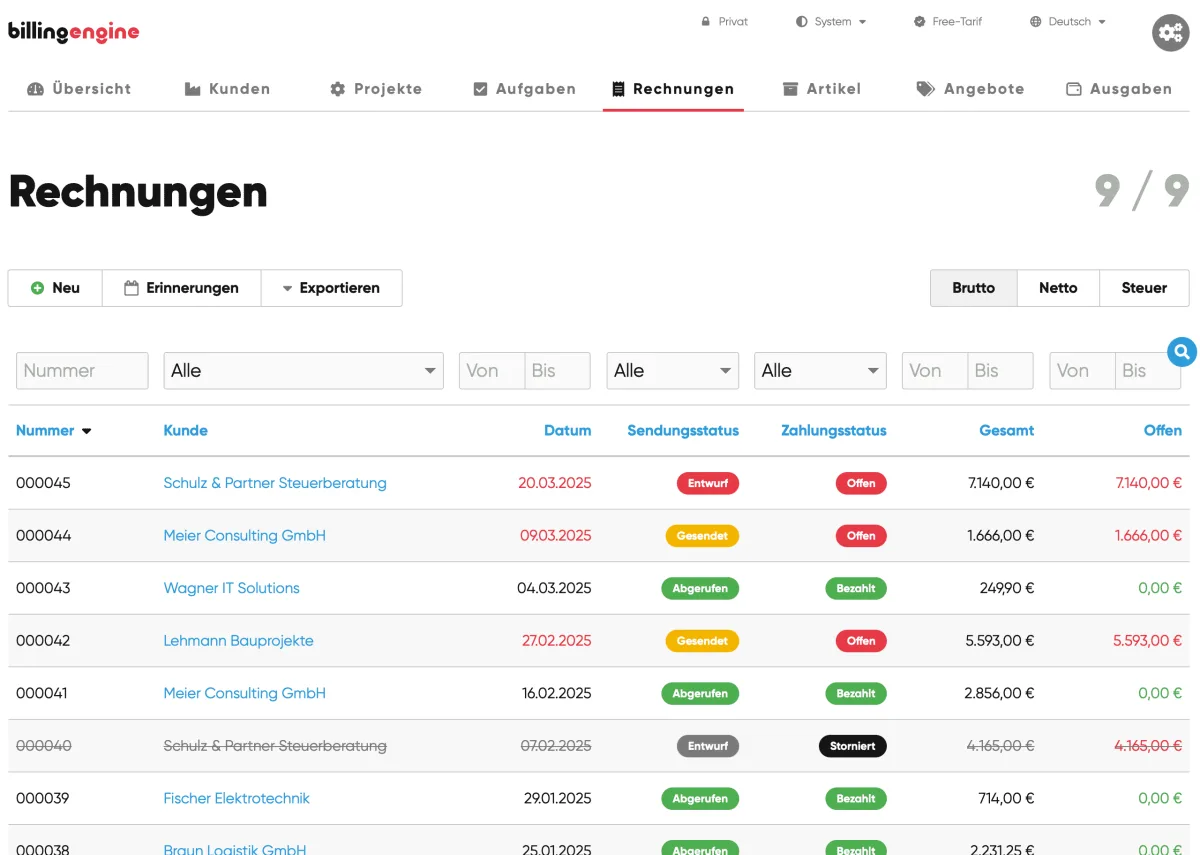 BillingEngine Rechnungsübersicht mit Sendungs- und Zahlungsstatus