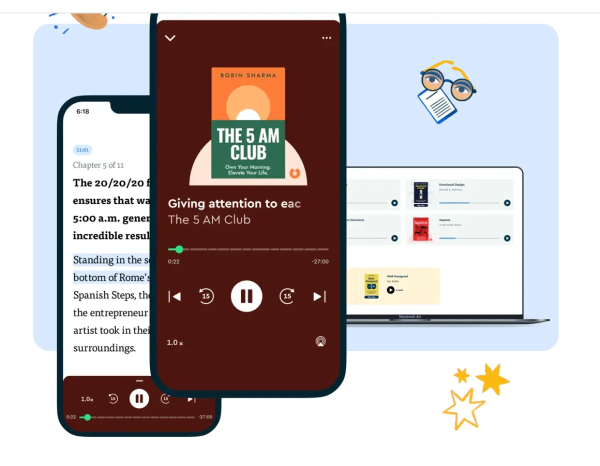 Blinkist app on two smartphones and a laptop: text blink with chapter indicator, audio player with The 5 AM Club and the library on the desktop