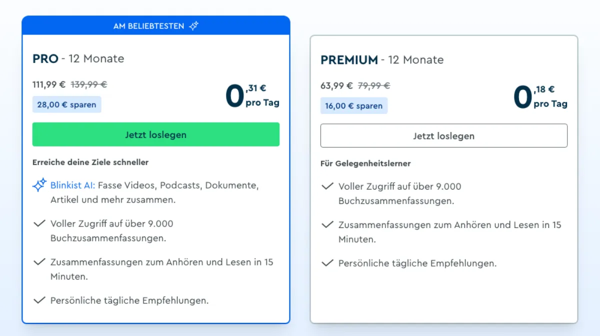 Blinkist-Preisseite im September 2026: Pro 111,99 statt 139,99 €, Premium 63,99 statt 79,99 €