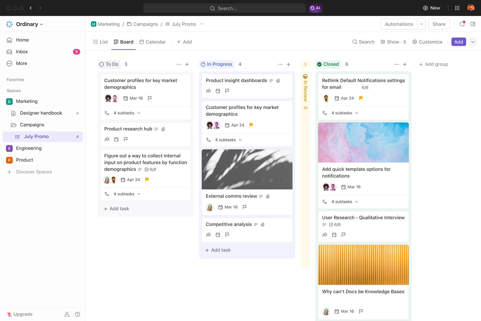Die Board-Ansicht in ClickUp bietet klare Struktur: Aufgaben lassen sich einfach per Drag & Drop durch die Prozessphasen schieben (Gestellt von ClickUp.com ) Die Board-Ansicht in ClickUp bietet klare Struktur: Aufgaben lassen sich einfach per Drag & Drop durch die Prozessphasen schieben (Gestellt von ClickUp.com )