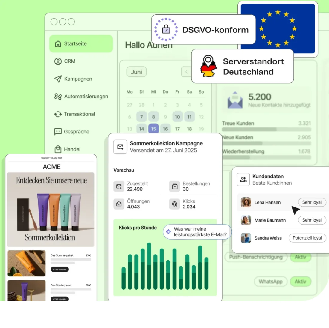 Brevo in der deutschen Oberfläche: Kampagnen-Kalender, Kampagnenstatistik, Kundendaten sowie Hinweise auf DSGVO und Serverstandort Deutschland