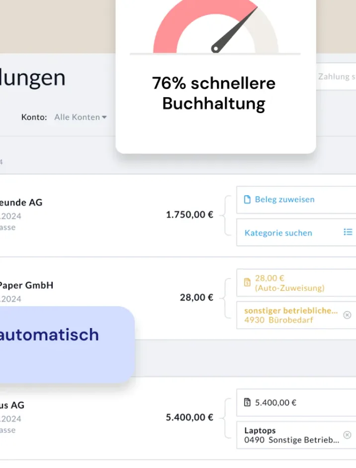 BuchhaltungsButler-Ansicht „Zahlungen” mit Kontobewegungen, Buttons für Beleg zuweisen und Kategorie suchen sowie einer Auto-Zuweisung