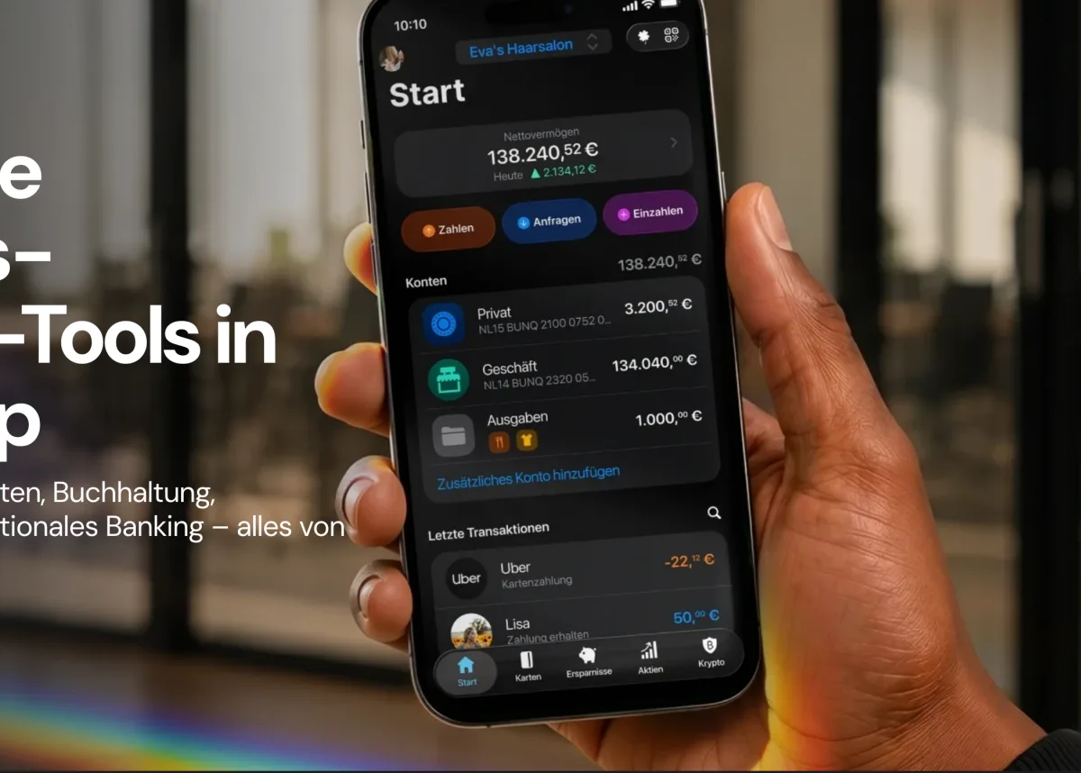 bunq app on a phone with total balance, sub-accounts and quick actions, next to the claim “all your business banking tools in one app”