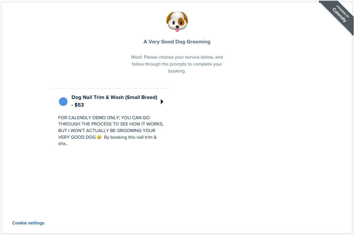 Public Calendly booking page of the demo A Very Good Dog Grooming with event type selection and the Powered by Calendly corner