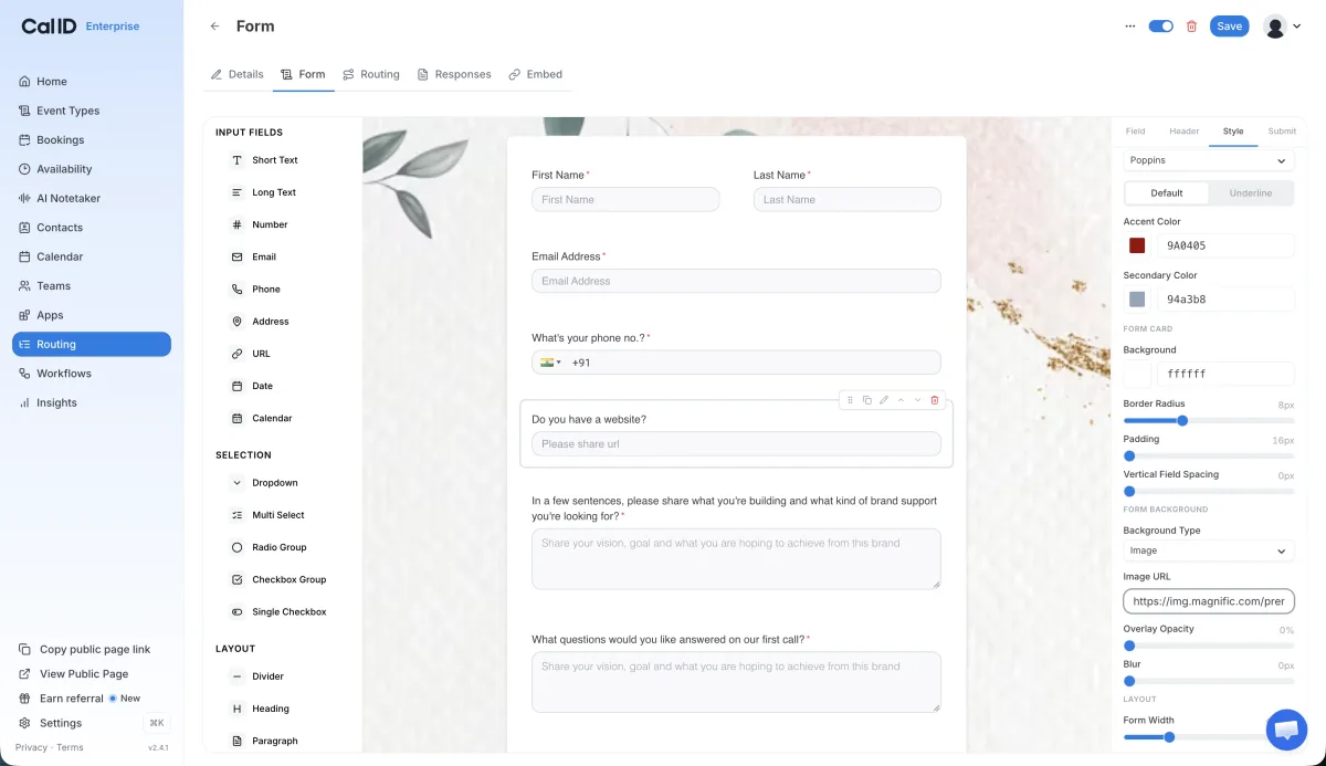 Cal ID form builder with field types on the left, form preview in the middle and style settings on the right