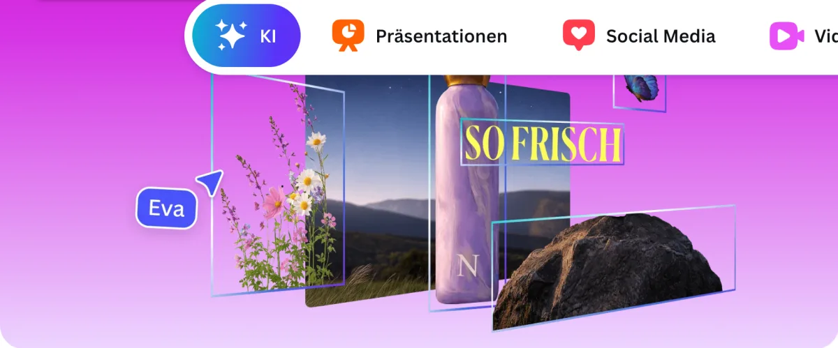 Canva-Editor mit KI-Tab, Design-Typen Präsentationen, Social Media, Video und einem Foto-Design mit Text „So frisch“
