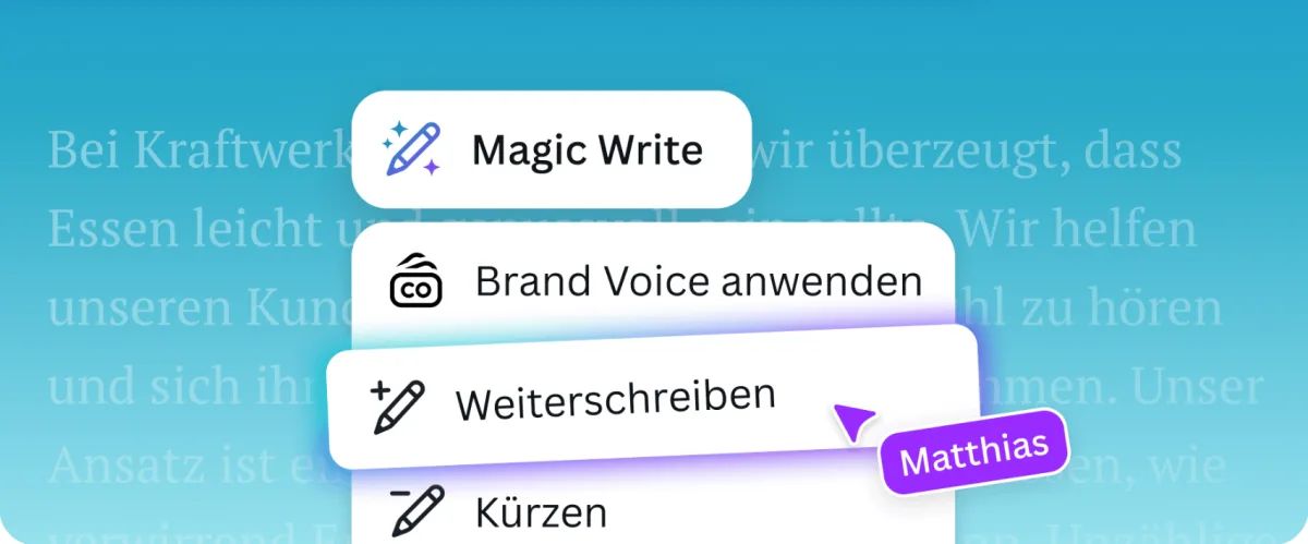 Canva Magic Write Menü mit Brand Voice anwenden, Weiterschreiben und Kürzen über einem Textdokument