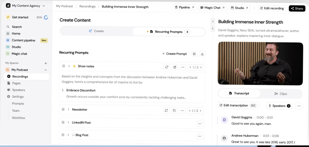 Castmagic-Dashboard mit hochgeladener Aufnahme und generierten Inhalten wie Show-Notes und Social-Posts