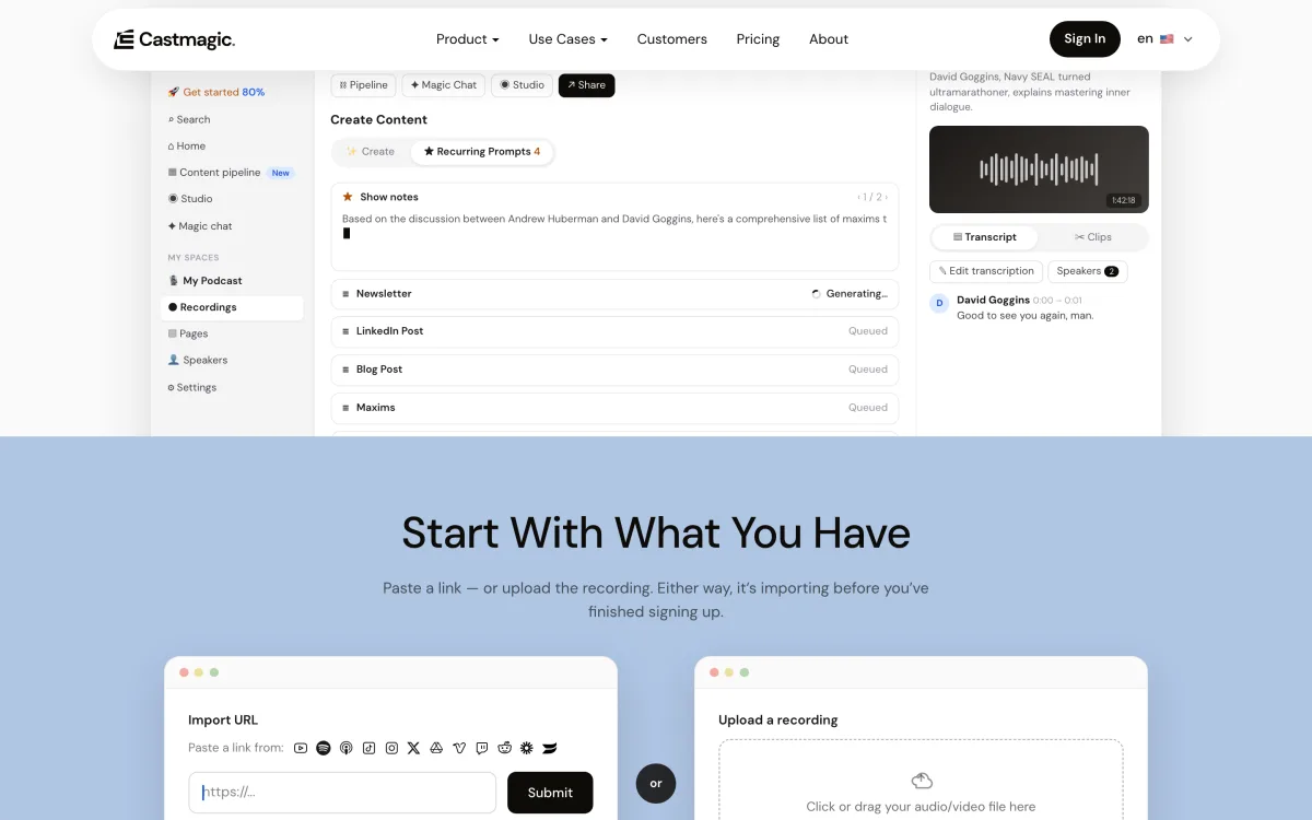 Castmagic-Arbeitsbereich: links die Aufnahme, rechts Show Notes, Newsletter, LinkedIn-Post und Blogartikel in der Warteschlange