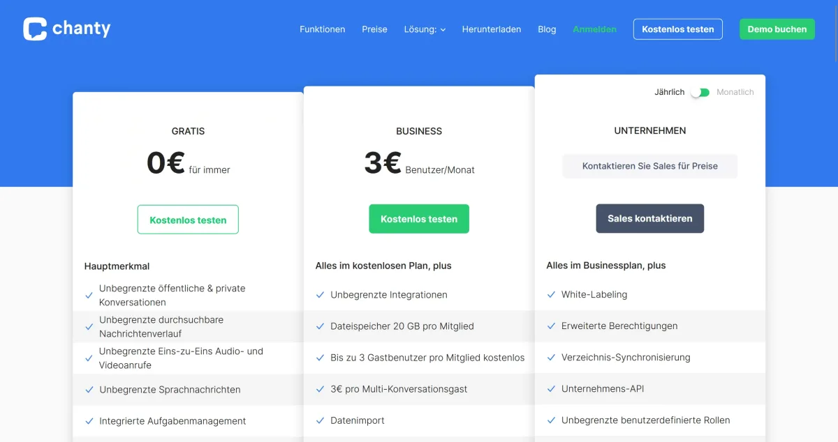  Chanty pricing comparison: Free plan, Business plan for €3/month, and enterprise options with extended functionality (excerpt from  chanty.com ) 