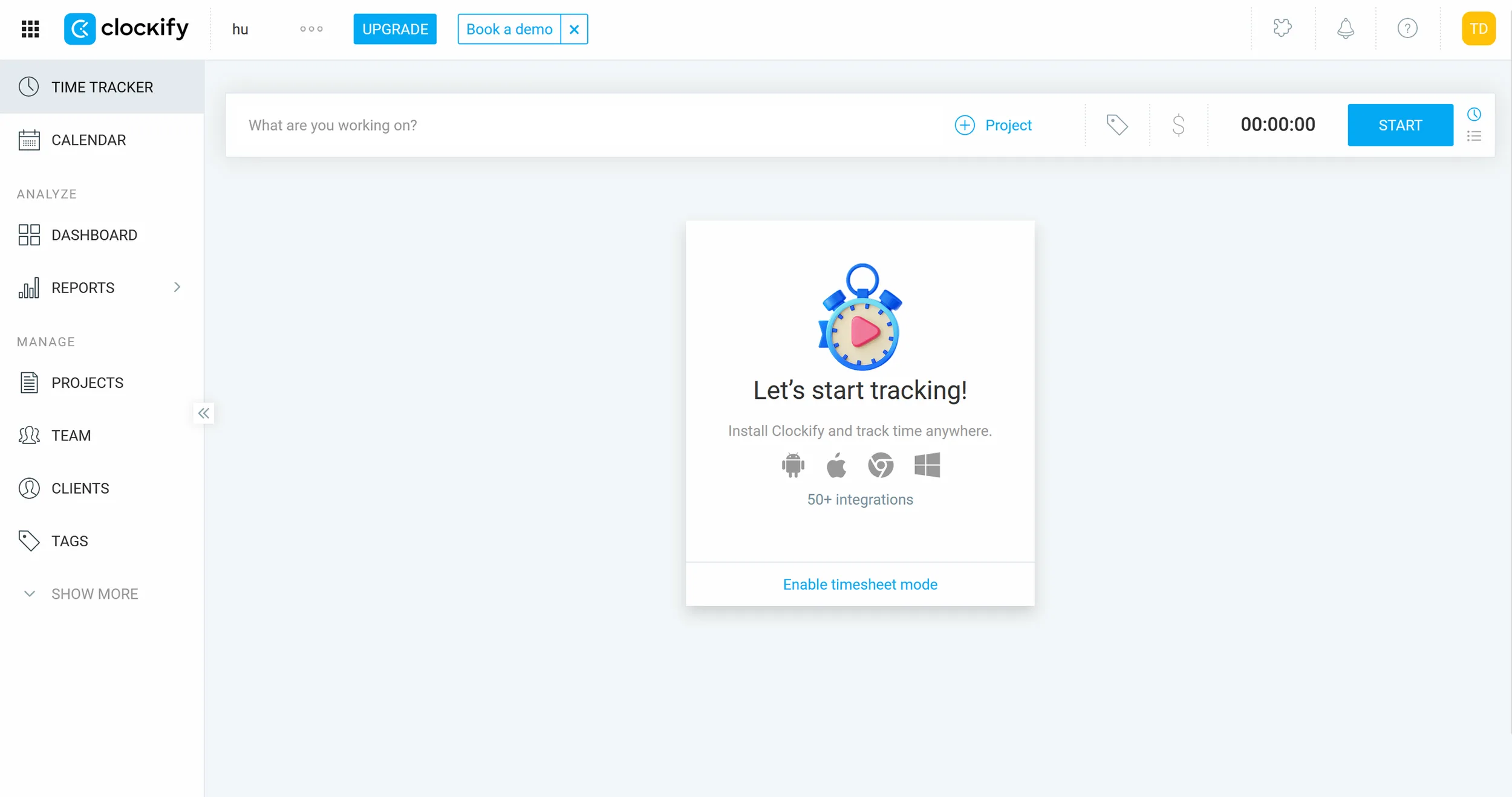 Clean dashboard with a well-structured feature layout in Clockify. (Own screenshot from Clockify)
