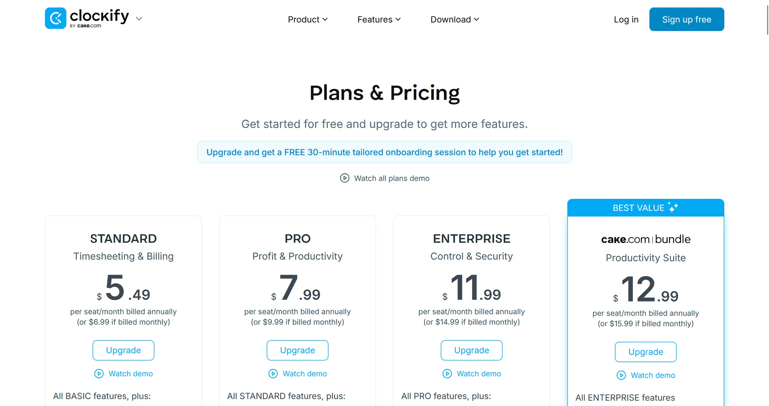 Clockify pricing overview (excerpt from clockify.me )