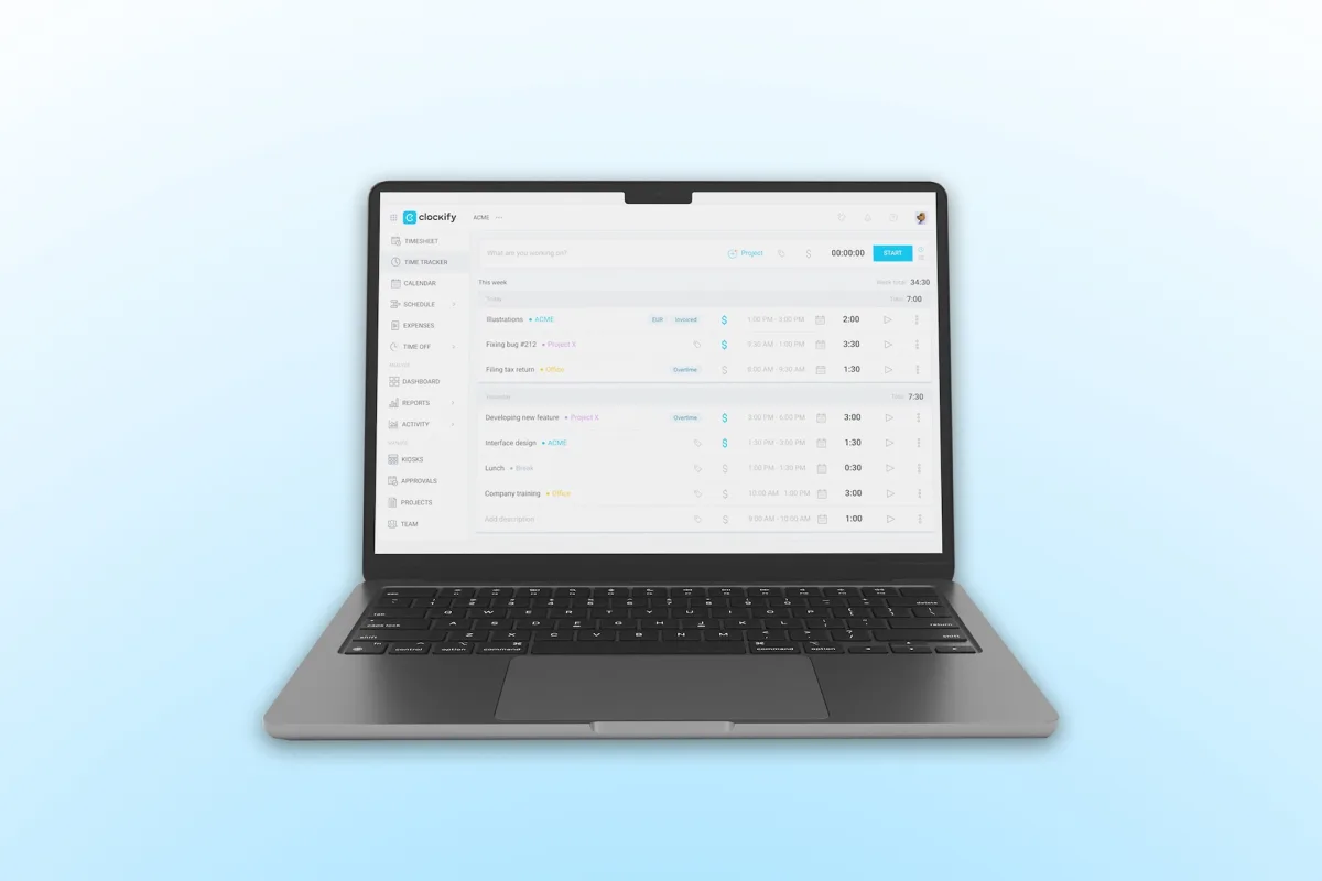Clockify Time Tracker 2025: Wochenansicht mit laufendem Timer, Projekten und Abrechnungs-Markierung