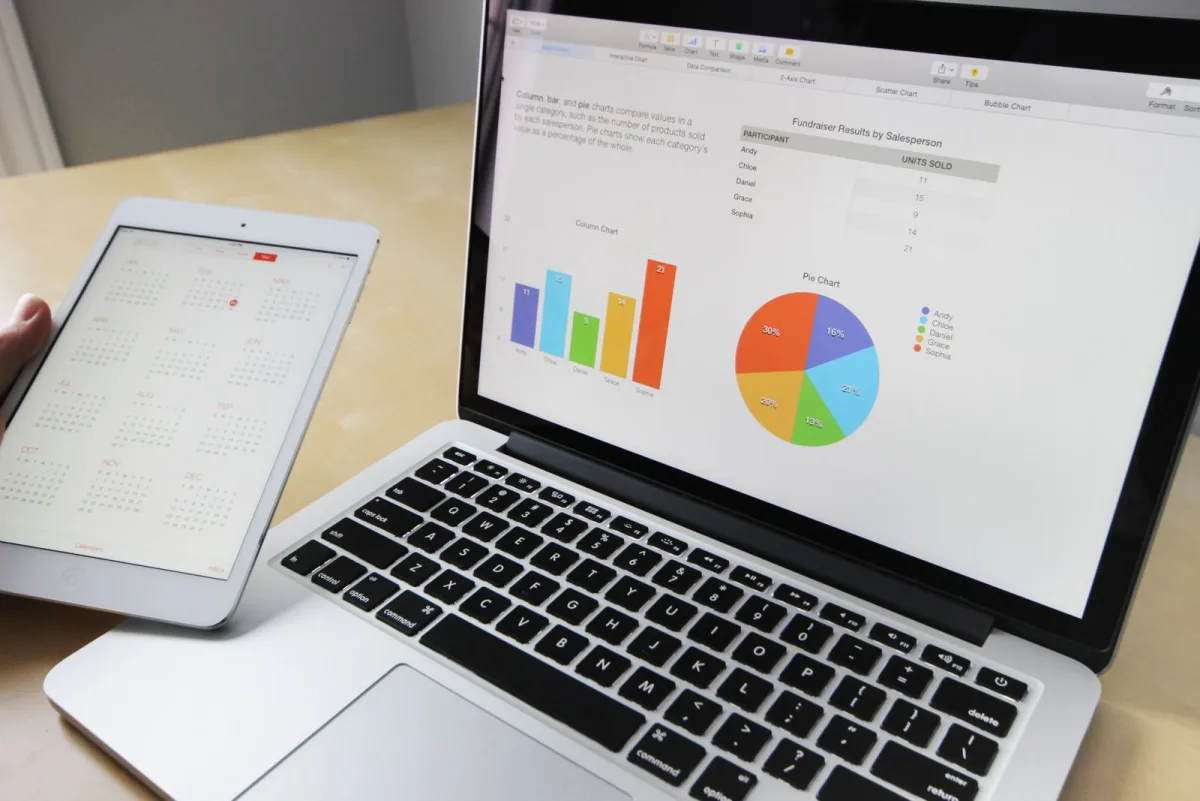 Laptop showing business charts next to a tablet on a desk