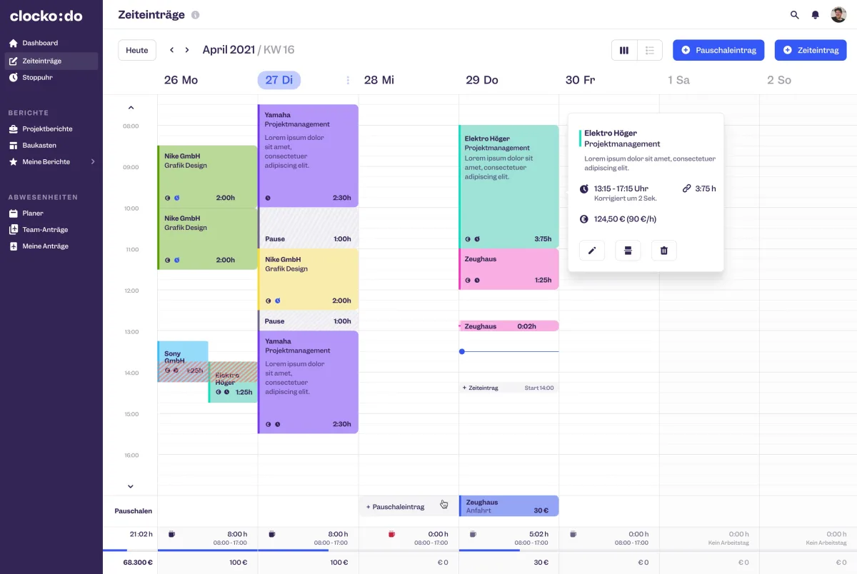 Clockodo Web-App mit Zeiterfassung, Projekt-Liste und Stundenzettel