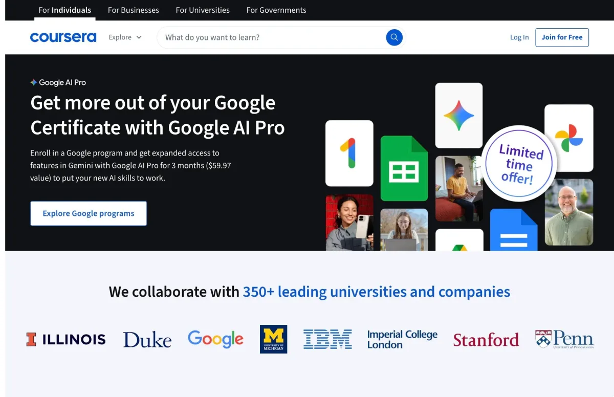 Coursera Homepage with Google AI Pro Angebot and Universitypartners ( Excerpt from coursera.org ) Coursera Homepage with Google AI Pro Angebot and Universitypartners ( Excerpt from coursera.org )