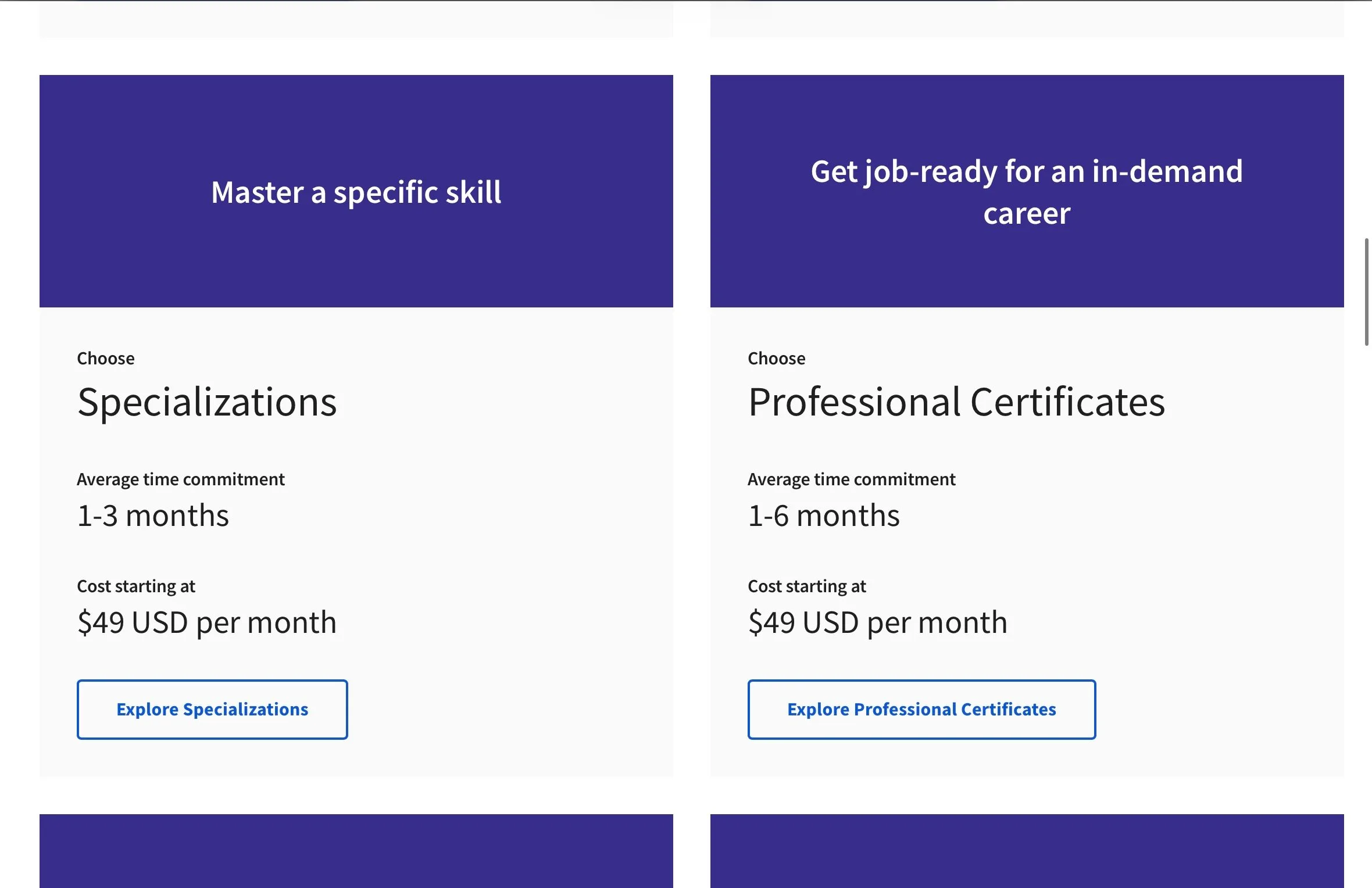  Coursera specializations and Professional Certificates overview with pricing (excerpt from  coursera.org ) 