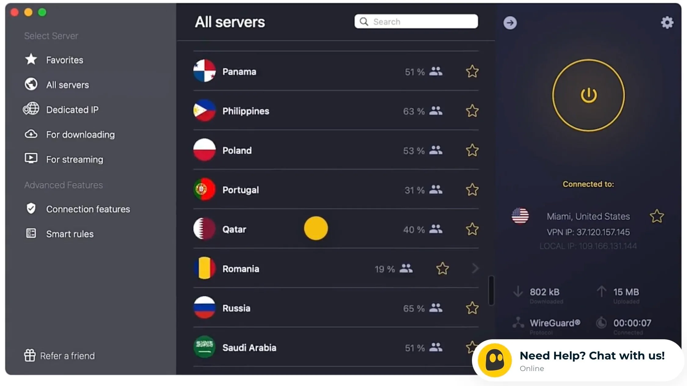 CyberGhost VPN in action: server selection overview with real-time load and active connection (excerpt from cyberghostvpn.com) CyberGhost VPN in action: server selection overview with real-time load and active connection (excerpt from cyberghostvpn.com)