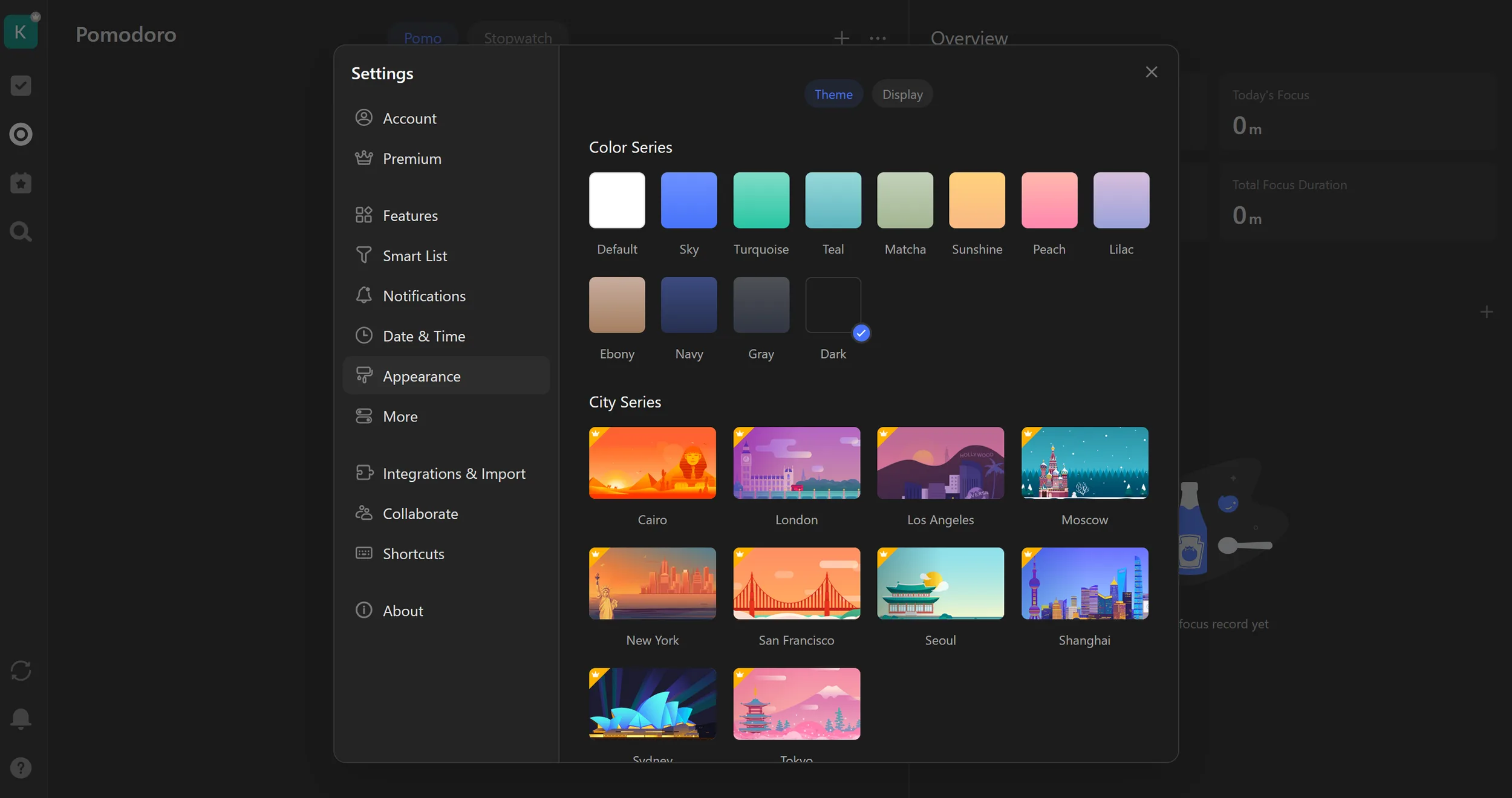   Extensive options for customizing the interface with themes, including dark mode. (Own screenshot from TickTick)  