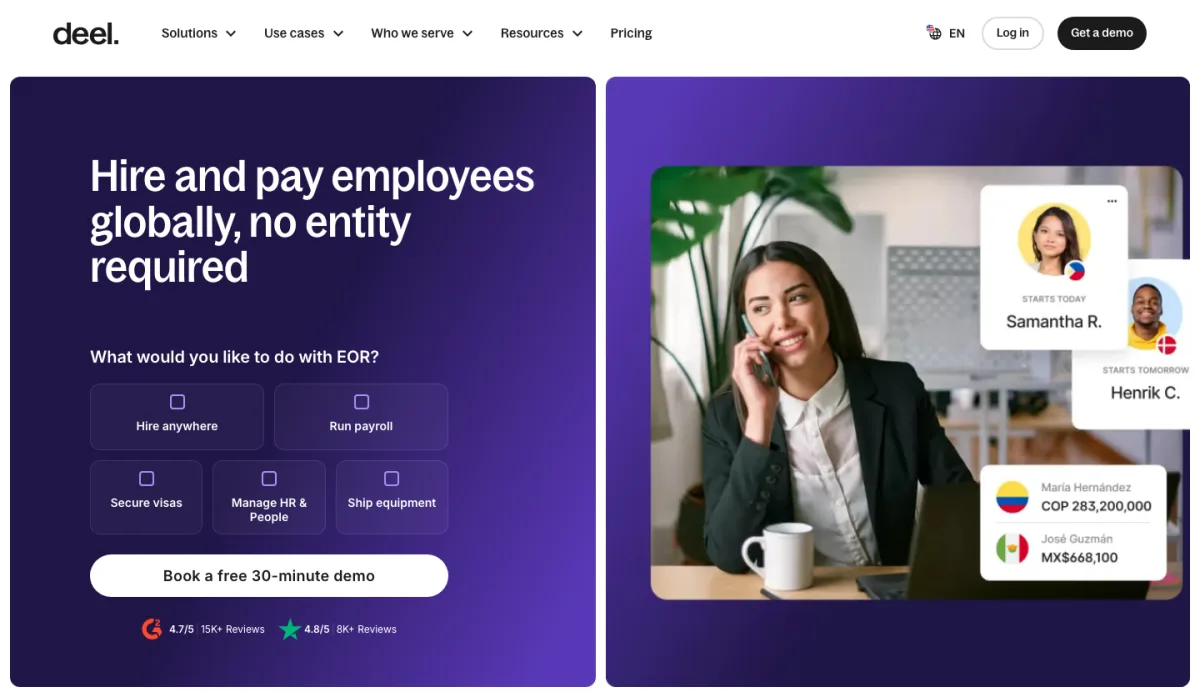Deel's Employer of Record page with options to hire, run payroll, secure visas, manage HR and ship equipment