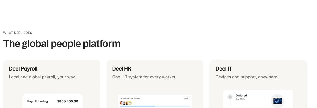 Deel platform overview with the Deel Payroll, Deel HR and Deel IT modules, each with a UI excerpt