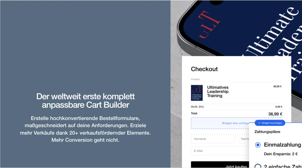 Digistore24 Cart Builder: anpassbares Checkout-Formular mit Produkt, Zahlungsplänen und Widget-Platzhalter