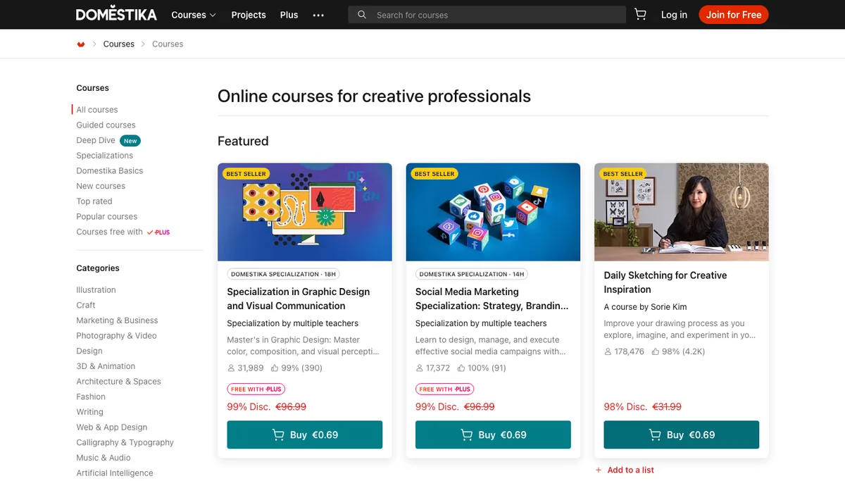 Domestika course catalog with filters and course cards