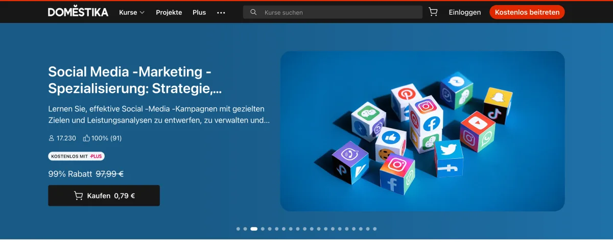 Domestika-Startseite mit Kurs-Hero, Suche und Bestseller-Reihe