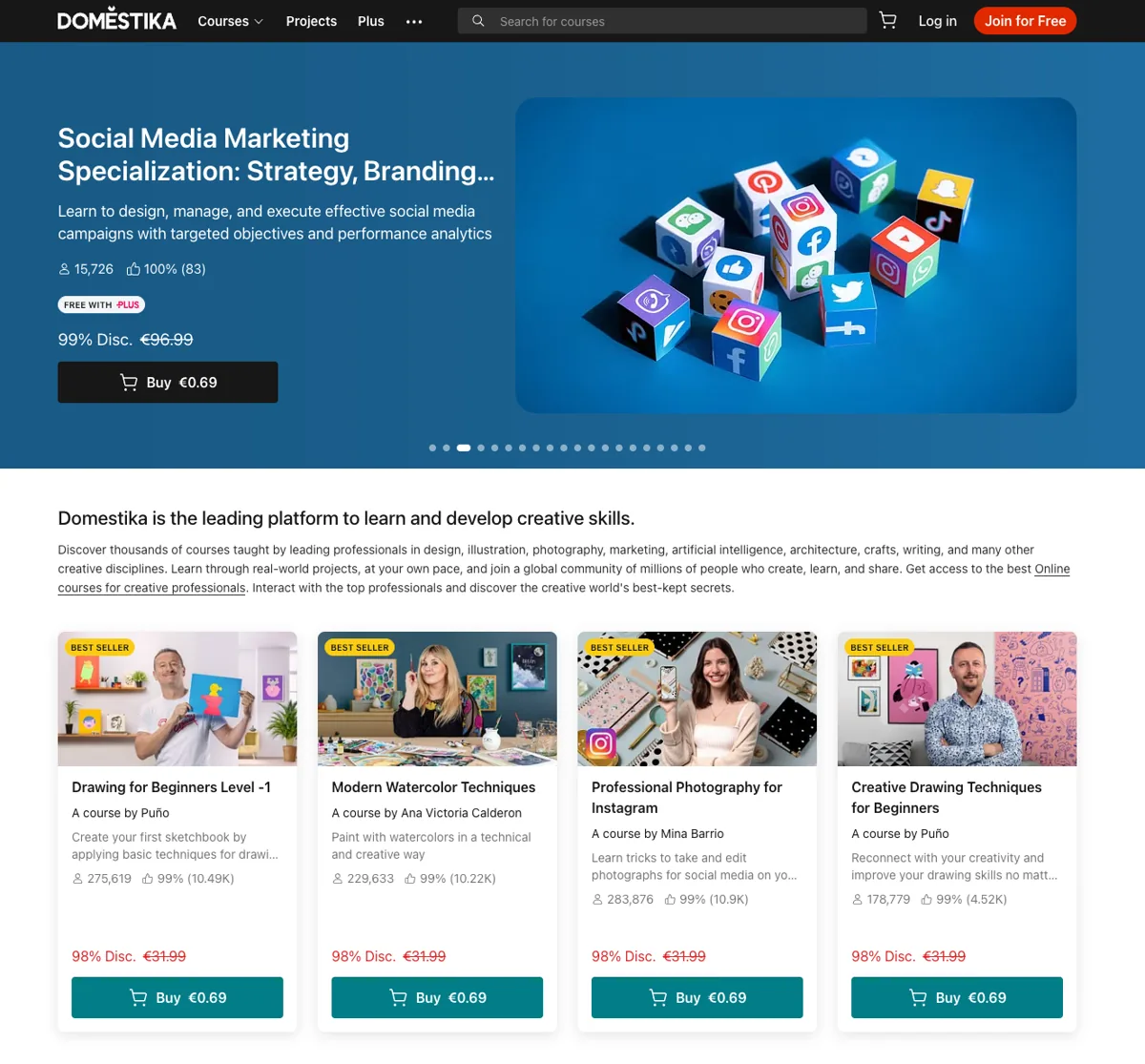 Domestika Startseite mit Kreativ-Kursen und Rabatten